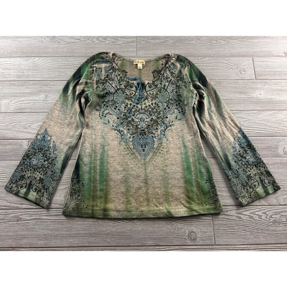 World Unity Womens Long Sleeve Tunic Tie Neck Boho Studded Geometric Green XS